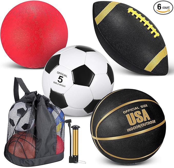 Lenwen 4 Pcs Sports Balls Set, Include Official Size Basketball Soccer Football Playground Ball Pump Equipment Bag Recess Equipment Sport for Teen Adult Gift Back to School