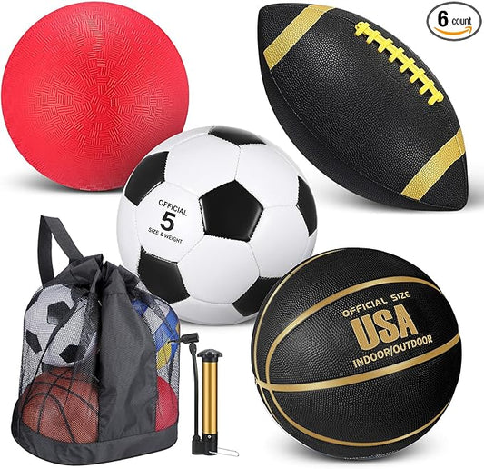 Lenwen 4 Pcs Sports Balls Set, Include Official Size Basketball Soccer Football Playground Ball Pump Equipment Bag Recess Equipment Sport for Teen Adult Gift Back to School