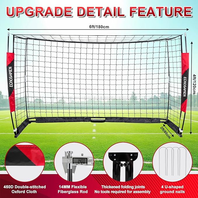12X6FT/6X4FT Soccer Goal, Portable Soccer Goals for Backyard, Easy to Carry, Easy to Install, Comes with 1 Carry Bag, 4 Ground Nails, Youth and Adult Training Equipment.