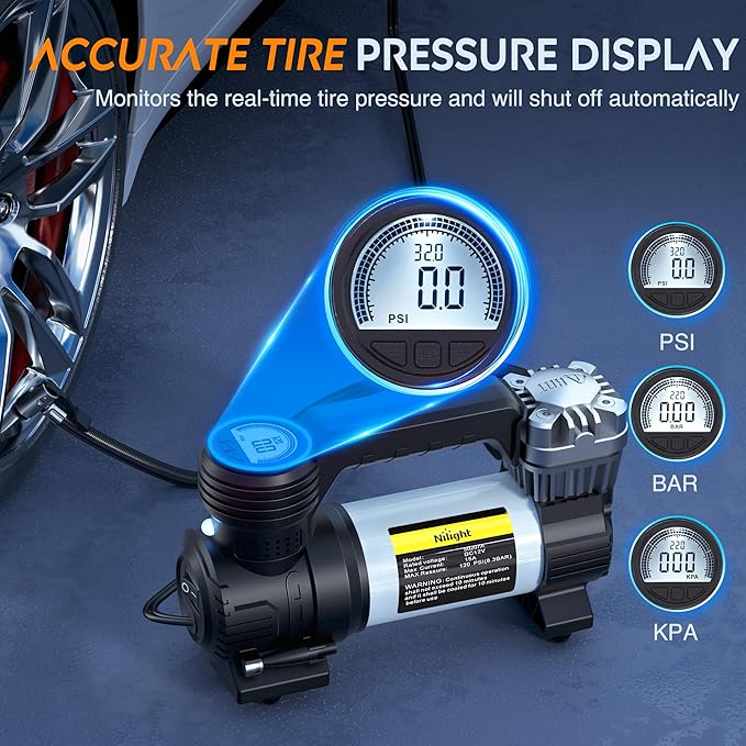 Nilight Portable Air Compressor Tire Inflator 12V Heavy Duty 120PSI Metal Pump Double Cylinder Digital Pressure Fast Inflate Auto Shutoff for Car SUV Motorcycle