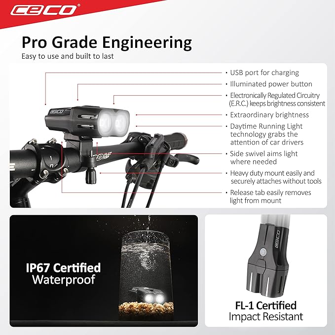 CECO-USA: 2,000 Lumen USB Rechargeable Bike Light – Tough & Durable IP67 Waterproof & FL1 Impact Resistant– Super Bright F2000 Bicycle Headlight – for Commuters, Road Cyclists & Mountain Bikers