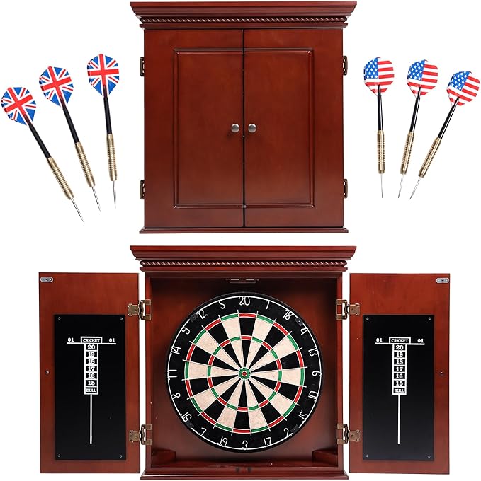 GSE Games & Sports Expert Professional Solid Wood Classic Dartboard Cabinet with Sisal/Bristle Dartboard, Scoreboard, and 6 Steel Tip Darts, Easy Assembly Complete with All Accessories (Premium Brown)