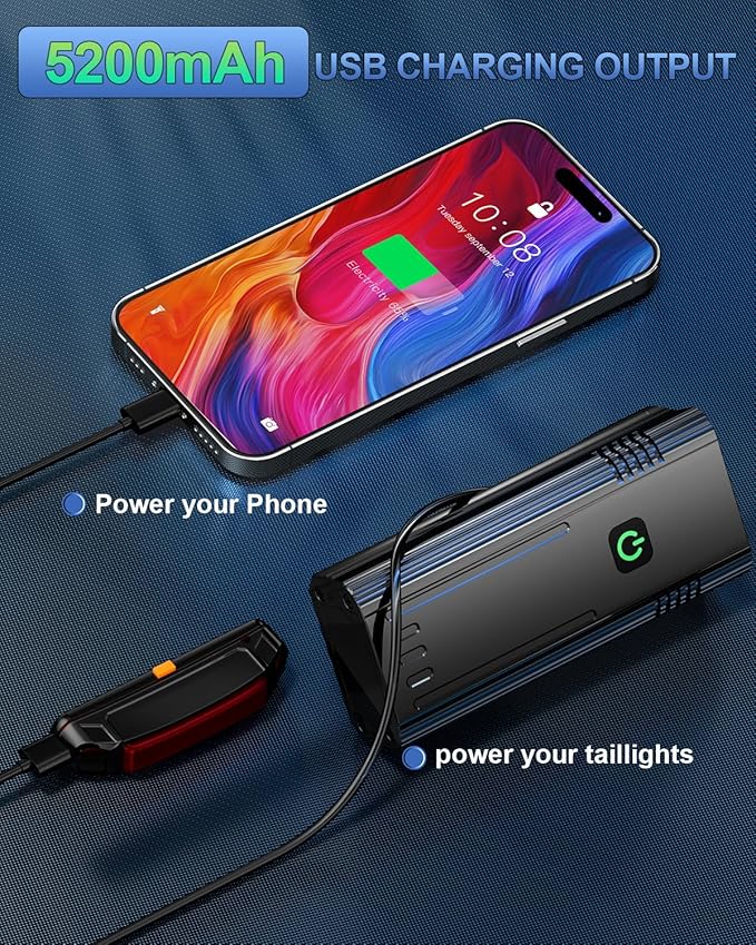 Upgrade Super Bright 6 LED Bike Light for Night Riding,3800 Lumens Aluminum Rechargeable Bicycle Light, 6000 mAh ，Runtime 48+hrs,10 Modes Waterproof Safety Bike Headlight Taillight for Outdoor Cycling