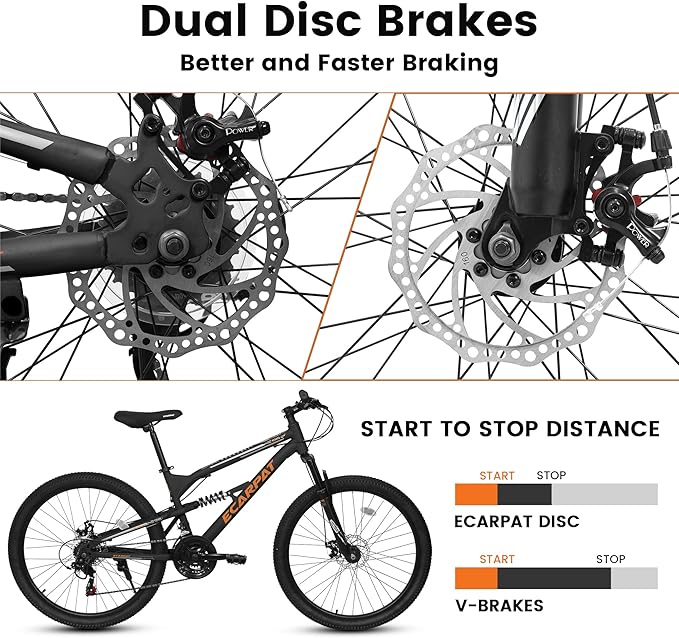 Mountain Bike 24 26 27.5 Inch, Dual Full Suspension Mens Womens Bike, 21 Speeds Dual Disc Brake Carbon Steel Bike, Boys Mens Mountain Bike for School Work Summer Camping, Birthday Gift Choice