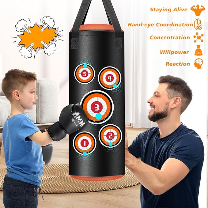 Hanging Punching Bag for Kids, 2FT PU Leather Kicking Bag with Boxing Bag Gloves, Heavy Bag Boxing Equipment for Training Karate Muay Thai Kick Taekwondo(Unfilled)