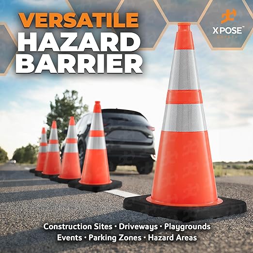 Xpose Safety 28 Inch Orange Traffic Cones Heavy Duty 10lb with 6" & 4" Collars, 4 Pack - Multipurpose PVC Plastic Safety Cone for Parking, Soccer, Caution, Kids and Construction - DOT Approved
