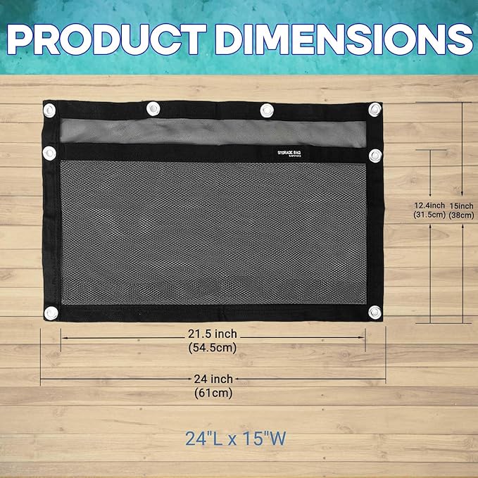 Boat Storage Bag,Polyester Boat Mesh Suspended Storage Bag,Black Boats Storage Mesh Pocket,Boat Seat Storage Bag for Leaning Post with 6 Positioning Elastic Loops. (24" L x 15" W)