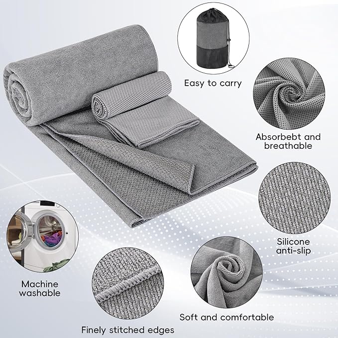 Hot Yoga Towel, Yoga Mat Towels for Hot Yoga Non Slip with Grip Dots Cooling Towel Sweat Absorbent Microfiber Pilates Towel for Bikram Exercise and Fitness (Gray)