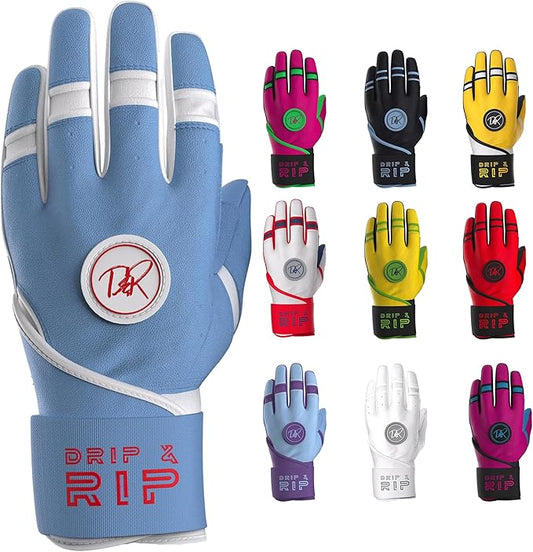 Drip & Rip Baller Series - Youth Batting Gloves + Adult Batting Gloves - for Softball and Baseball - Long Cuff Style for Men and Youth