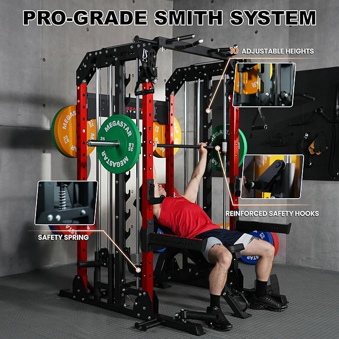 Smith Machine Home Gym with Aluminum Pulley Set- 2000lbs Capacity All-in-One Power Rack with Cable Crossover, Pull-Up Bar & Dip Station, Includes 18 Attachments, P107 Anvil