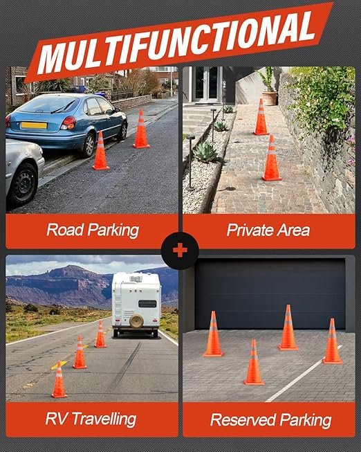 RoadHero 18 Inch 4 Pack Collapsible Traffic Safety Cones, Multi Purpose Pop-up Cones with Reflective Collar for Road Safety, Orange Cones for Driving Training, Parking Lots