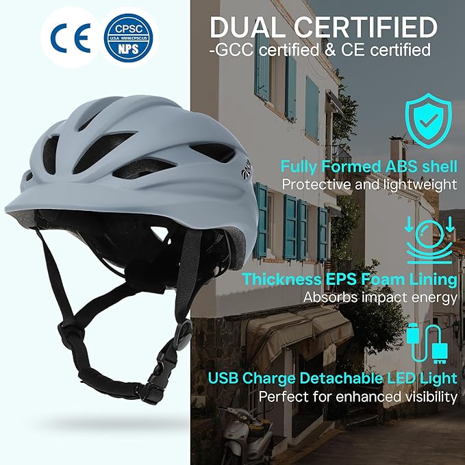 Bike Helmet Adult Urban:Bicycle Helmet for Men Women with USB Charge Detachable Taillight Helmets for Commuter Cycling Scooters