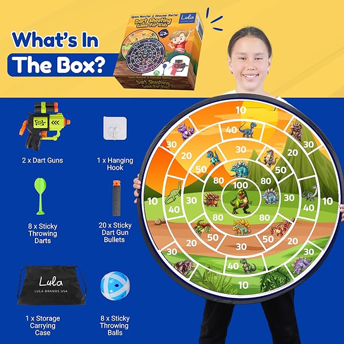 Lula Brands Dart Board for Kids w/Backpack, Shoot Sticky Darts, Balls & Darts, Large 29” Double Sided Indoor Outdoor Sport Party Game, 4 Children Boys Girls 5 6 7 8 9 10 11 12 13