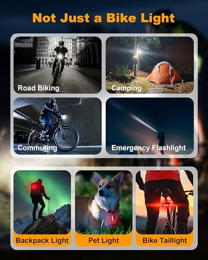 Super Bright Bike Lights for Night Riding, USB Rechargeable Mountain Bicycle Headlight, Waterproof, 6+4 Light Modes Bike Light Set for Cyclists and Commuters