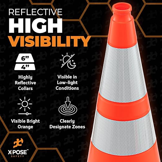 Xpose Safety 28 Inch Orange Traffic Cones Heavy Duty 10lb with 6" & 4" Collars, 4 Pack - Multipurpose PVC Plastic Safety Cone for Parking, Soccer, Caution, Kids and Construction - DOT Approved
