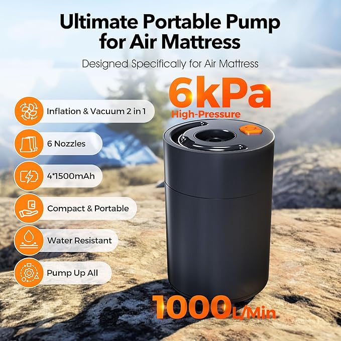 Air Mattress Pump, 6kPa GIGA Pump for Air Mattress 1500 * 4 mAh Electric Air Pump, Quick Fill in/Deflator Air Pump for inflatables Pool Inflatable Boat Gymnastics Mat Air Bed with 6 Nozzles