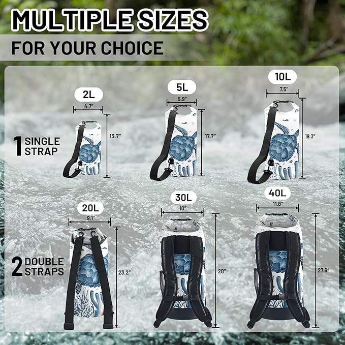 Waterproof Dry Bag,Sea Turtle Coral Starfish Small Waterproof Backpack 2L/5L/10L/20L/30L/40L Floating Lightweight Bags for Kayaking, Boating, Fishing, Swimming Camping with Waterproof Phone Case