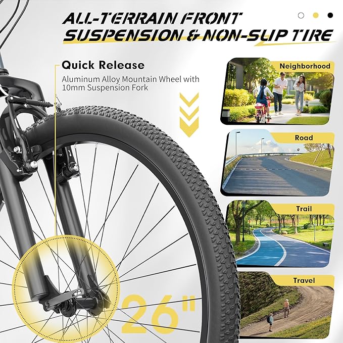 Hardtail Mountian Bikes with 7/21 Speeds Drivetrain, 26 Inch Wheel Mountian Bicycles with Front Suspension, Widened Frame Commuting Bikes with V/Dual Disc Brake