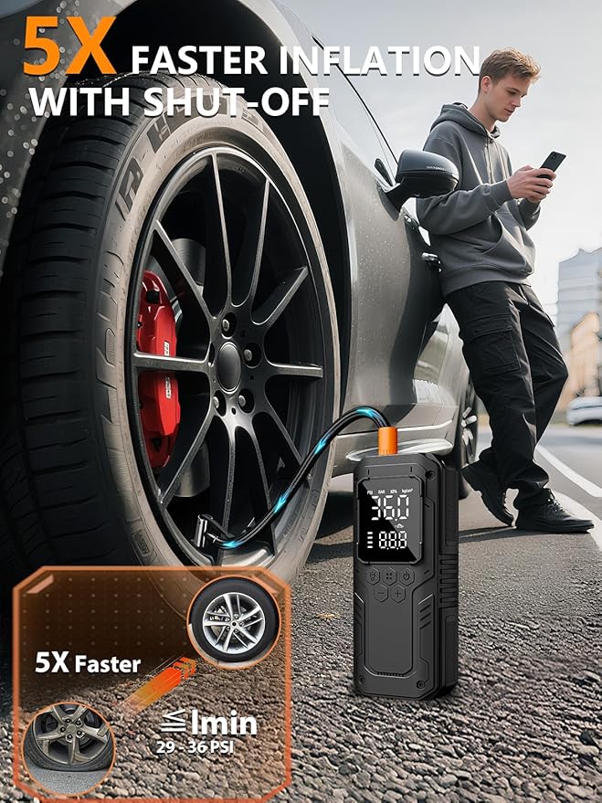 AIRSURE Tire Inflator Portable Air Compressor, 5X Faster Air Pump for Car Tires with Powerful Battery, 12V DC & Autostop, 150PSI Cordless Tire Pump for Car, Motorcycle, Bike, Balls