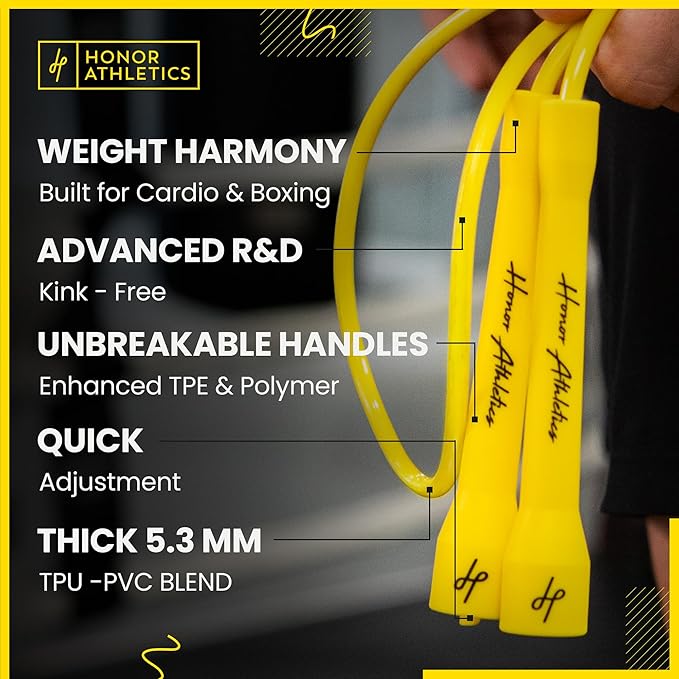 Honor Athletics | Pro Boxing Rope 3.0 | 5.3mm Jump Rope Indoor/Outdoor Adjustable For Boxing | Ultra-Durable, Non-Kinking TPU-PVC blend/Unbreakable Handles | Adjustable | Skipping Rope
