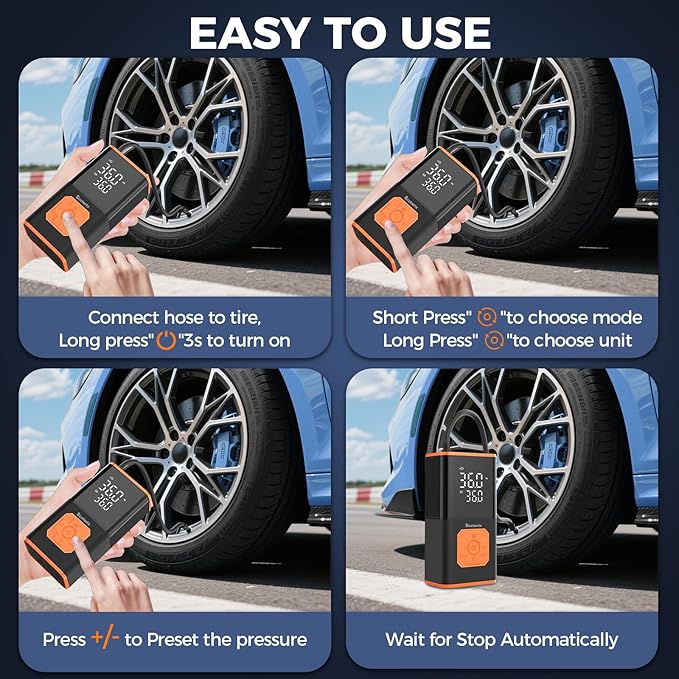 Car Tire Inflator Portable Air Compressor, 150 PSI Cordless Mini Bike Tire Pump Rechargeable 12 Volt, Electric Air Pump for Auto, Motorcycle, Bicycle, Balls with Digital Pressure Gauge and LED Light