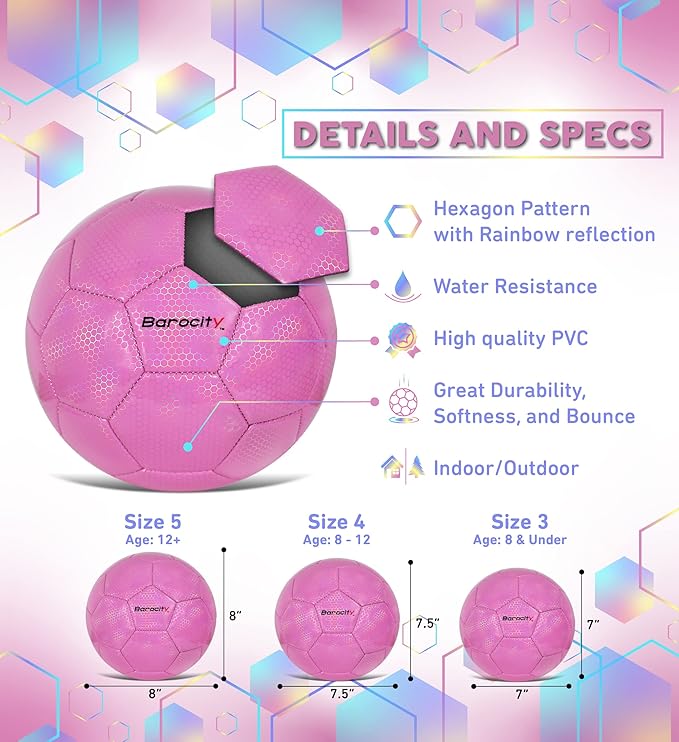 Soccer Ball - Premium Boy and Girl Official Match Ball with Cool Reflective Iridescent Rainbow Hex Pattern, Durable, Indoor, Outdoor, Training, Practice, Playtime and Games