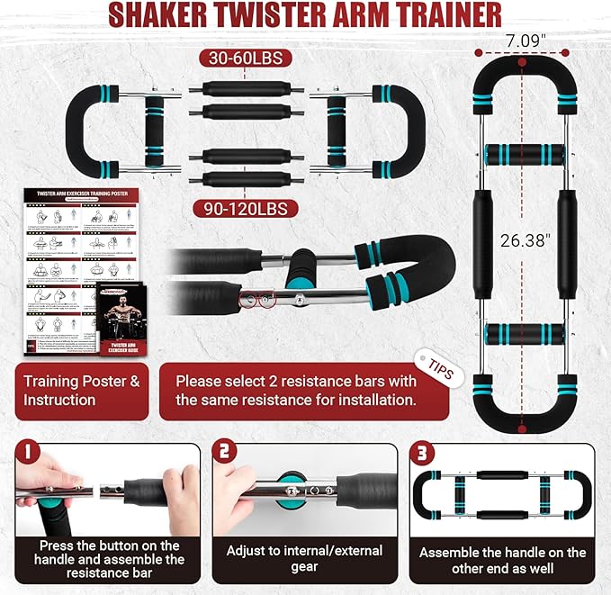 Twister Arm Trainer, Adjustable Twister Arm Chest Exerciser with 2/4 Spring & Training Poster for Men & Women, Detachable Power Twister Home Fitness Equipment for Enhancing Upper Body Muscle