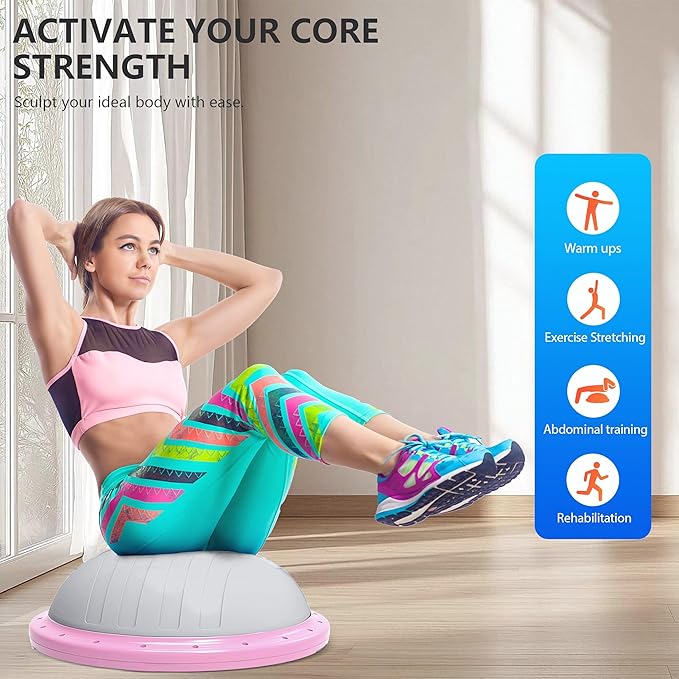 ZPZ Half Balance Ball Trainer, Compact Portable Inflatable Exercise Yoga Stability Ball with App-Based Balance Game, Pilates Resistance Bands, Foot Pump, Non-Slip Base for for Full-Body Workouts, Home Gym & Easy Storage (18.3 Inch Pink)