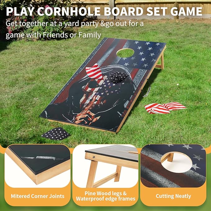 Cornhole Set, Corn Holes Outdoor Game, Regulation 2X4 Cornhole Boards, Portable Cornhole Set, Classic American Flag Cornhole Set Includes 2 Boards, 8 Cornhole Beans Bags & Carry Case