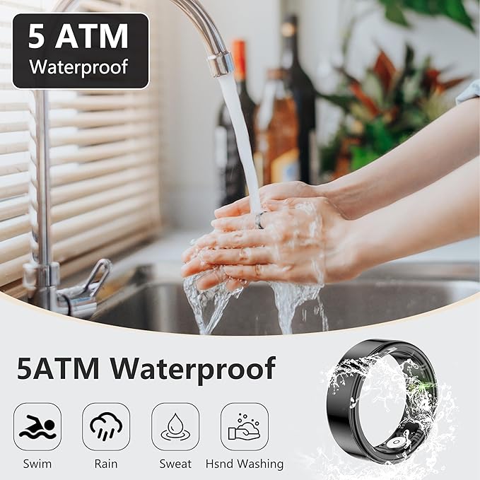 Thin Smart Ring for Fitness & Health Tracking -Pedometer,Sleep/Heart Rate/Blood Oxygen Monitor, Gesture Control / 5ATM Waterproof -No APP Subscription Compatible with Android& iOS (Black, 10)