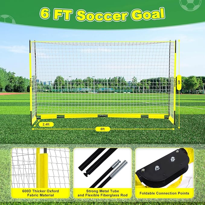 Collapsible Soccer Goal, 12×6 ft /6×4 ft Portable Soccer Goal Net for Backyard, Quick Setup Soccer Goals with 1 Carry Bag, 1 Agility Ladder, 4 Ground Nails,12 Training Cones