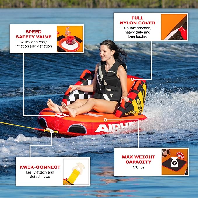Airhead Mable Inflatable Towable Tube, 1-4 Rider Models, Dual Tow Points, Full Nylon Cover, EVA Foam Pads, Patented Speed Valve, Boat Tubes and Towables