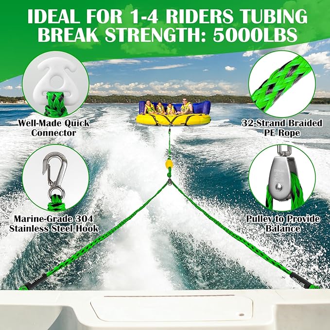 Boat Tow Harness for Tubing, Self Centering Tow Harness for 1-4 Riders Towable Tubes, Floating Boat Tow Rope for Watersports