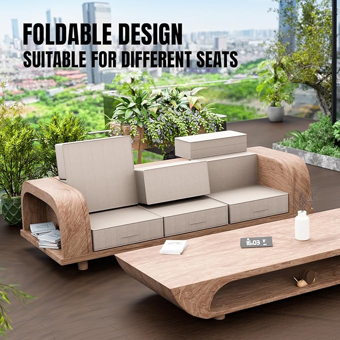 6 Inch Thick Foldable Deep Seat Cushion, 2 PCS 24 x 24 Inch Outdoor Water &Fade Resistant Olefin Patio Furniture Replacement Chair Cushion, with Removable Cover, Handle and Straps, Light Beige