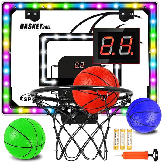 Mini Basketball Hoop Indoor with Scorer and Batteries, Indoor Basketball Hoop Over The Door with Colorful LED Lighting, Toy Basketball Set for Boys Girls Age 3 4 5 6 7 8