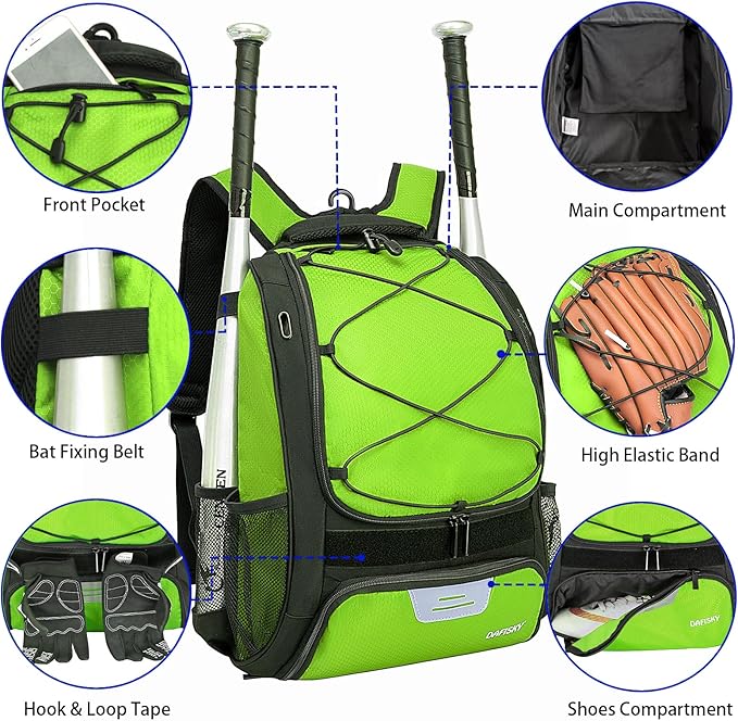 Baseball Bag Softball Backpack - Youth Adult T Ball Bat Equipment Bag with Bat Helmet Holders, Shoe Compartment