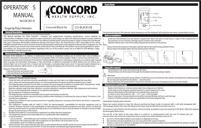 Concord Fingertip Pulse Oximeter with Reversible Display - Blood Oxygen Saturation Monitor with Carrying Case, Batteries and Lanyard - Easy to Use, Accurate SpO2 & Pulse Measurement (Black Ox)
