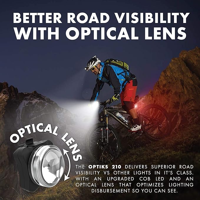 OPTIKS 210 Front & Rear LED Bike Light USB Rechargeable Compact Super Bright Optical Lens Bicycle Scooter Lights for Night Riding