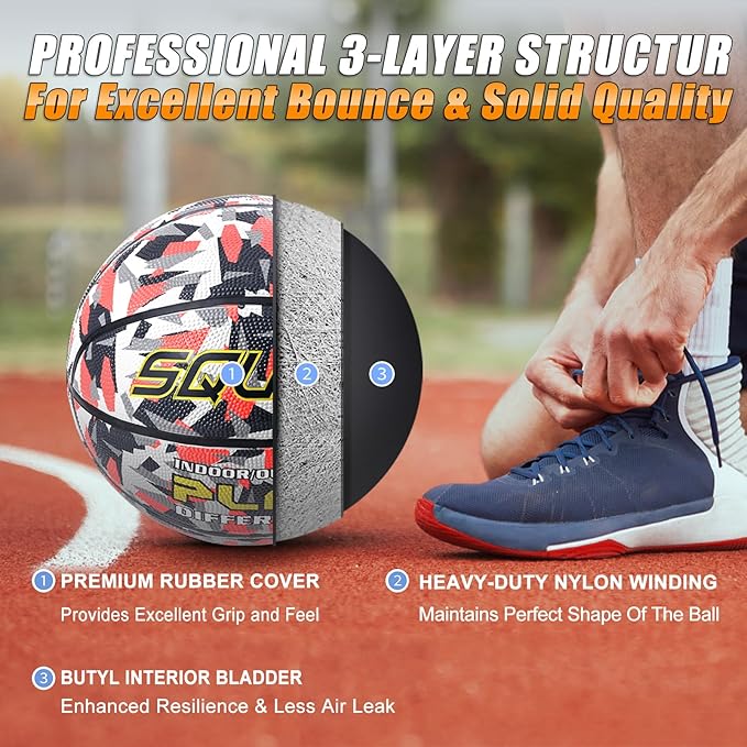 SQUAD Colored Camo Outdoor Basketball - High-Performance Rubber Basketball, Official Regulation Size 7 (29.5''), Includes Pump and Mesh Bag