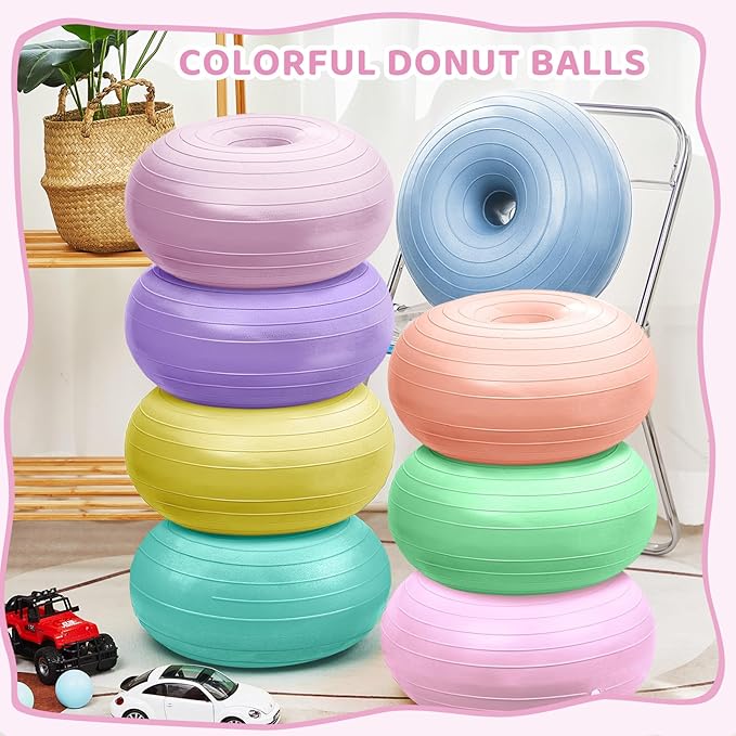 Lewtemi 8 Pcs Flexible Seating for Classroom Elementary 20'' Yoga Ball Chair Large Inflatable Donut Exercise Ball Chair Wobble Seat with Inflator for Kids Student Balance