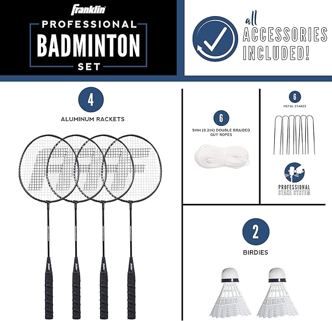 Franklin Sports Badminton Net Sets - Outdoor Backyard + Beach Badminton Net + Equipment Set - (4) Rackets + (2) Birdies + Portable Net Included - Adults + Kids Set