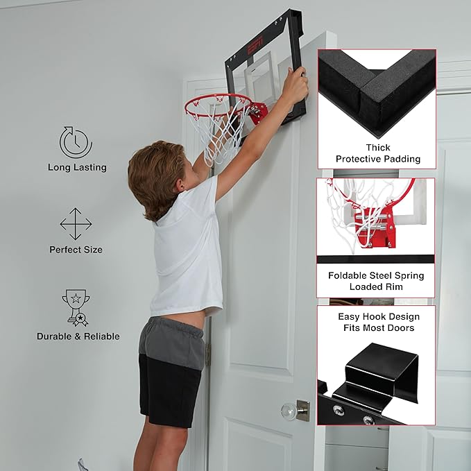 ESPN Mini Basketball Hoop, Over The Door Basketball Hoop with Foldable Breakaway Rim, Includes 2 Mini Basketballs and Pump