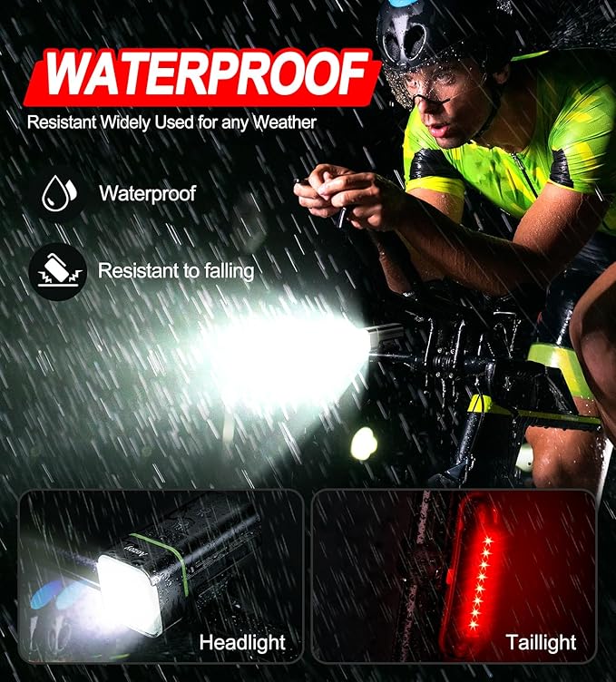 Bike Light Set USB Rechargeable - 5400mAh Bike Headlight & Taillight with Digital Display, 3 LED Super Bright 1600 Lumen 6 Lights Modes for All Bicycles, Road, Mountain, Night Riding