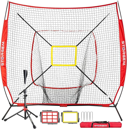 Storgem Baseball and Softball Practice Net 7×7ft Portable Hitting Pitching Batting Training Net Baseball Backstop Net with Batting Tee and Strike Zone and Bow Frame