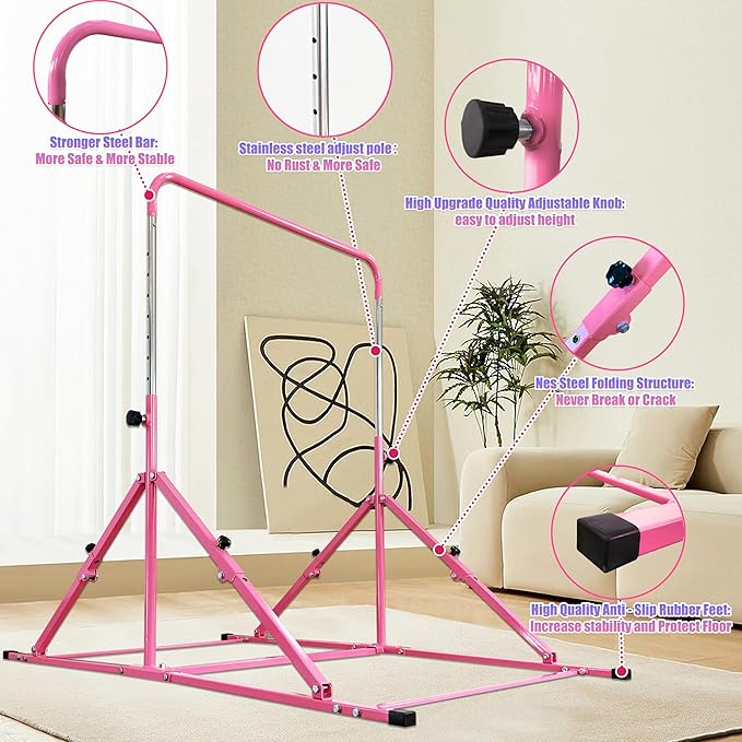 MARFULA Foldable Gymnastic Bar for Kids Ages 3-12, 9 Height Levels, 200 lbs Weight Capacity, 5 Ft Length Gymnastic Kip Bar with Mat, Gymnastic Equipment for Home and Gym Center Indoor Outdoor Use