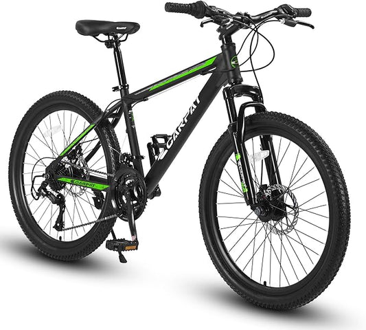24/26 Inch Mountain Bike, 21 Speed Mountain Bicycle with High Carbon Steel Frame, Dual Disc Brakes and Front Suspension, MTB Bike for Adult Teenagers Boys Girls