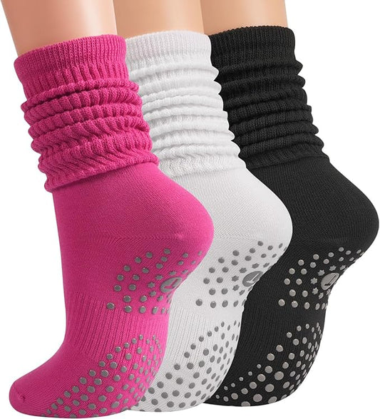 Grip Pilates Socks for Women, Yoga Slouch Socks with Grip for Barre Workout Hospital Long Scrunch Slipper Socks