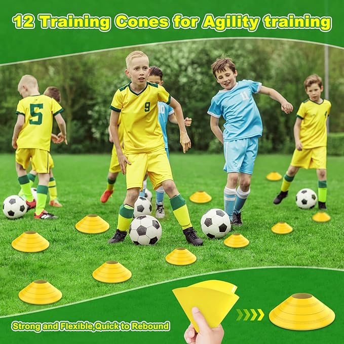 Collapsible Soccer Goal, 12×6 ft /6×4 ft Portable Soccer Goal Net for Backyard, Quick Setup Soccer Goals with 1 Carry Bag, 1 Agility Ladder, 4 Ground Nails,12 Training Cones