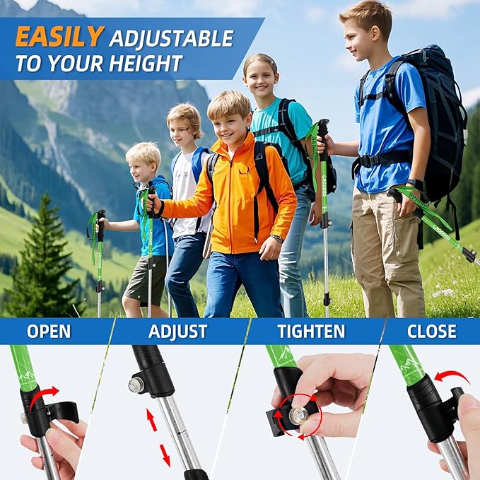Lightweight Collapsible Kids Hiking Poles - Retractable Kids Hiking Stick, Telescoping Aluminum Trekking Poles 2 Pack, Adjustable Kids Ski Poles by Croosse