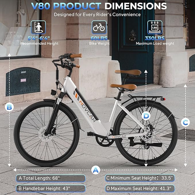 V80 Electric Bike, 1000W Motor 28MPH Ebike, 48V 13Ah Removeable Battery, 26'' City Cruiser Adult Electric Bicycles up to 70 Miles